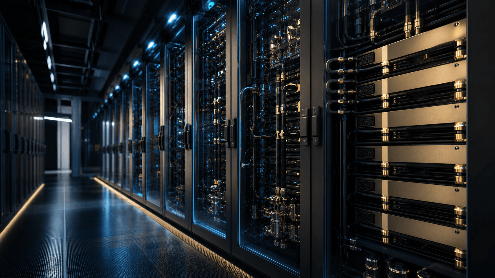 Premium GPU cloud infrastructure data center with liquid-cooled racks