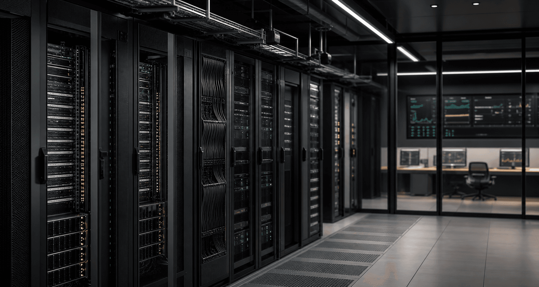 Enterprise data center aisle with dedicated private AI infrastructure racks