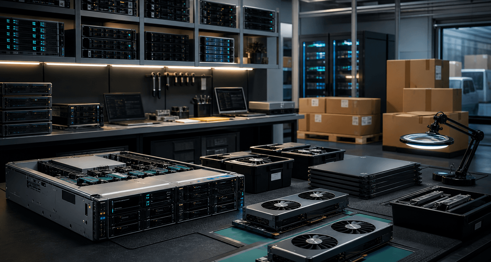 Hardware lifecycle operations lab with server equipment and GPU components