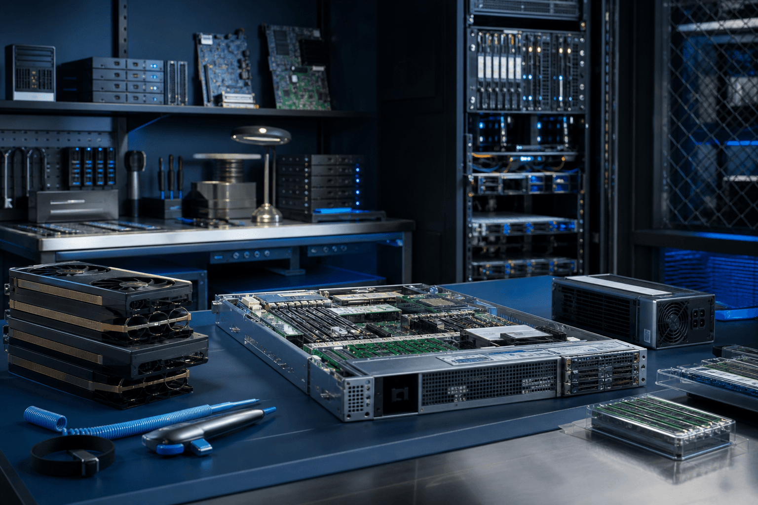 Hardware lifecycle operations lab with server equipment and GPU components